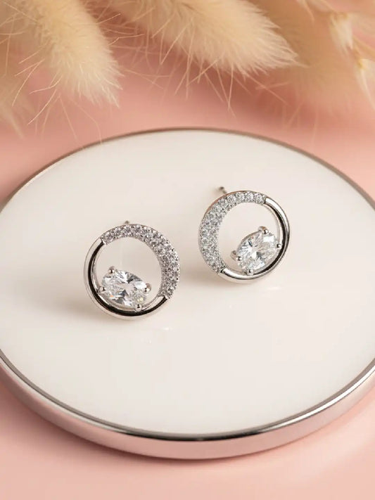 Graceful Silver CZ Crescent Circle Studs