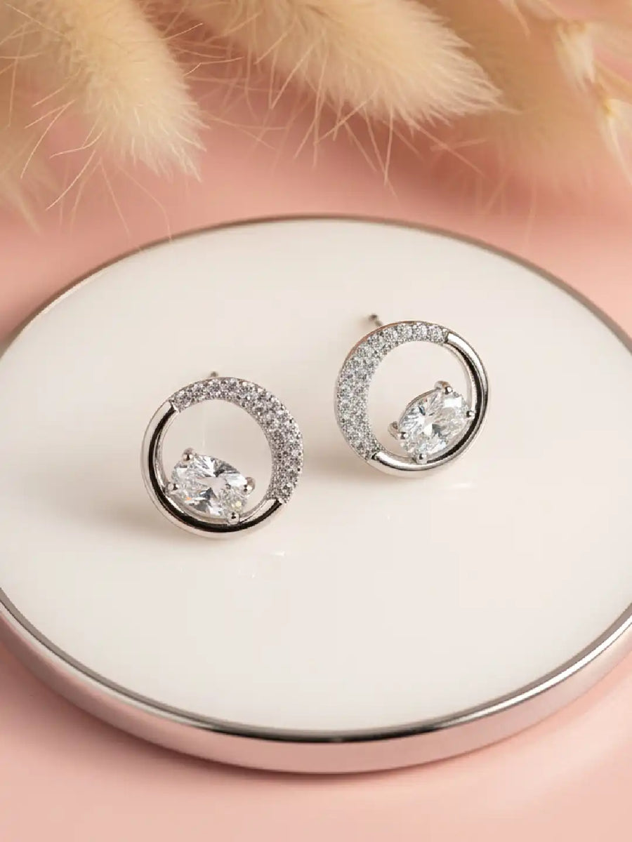 Graceful Silver CZ Crescent Circle Studs