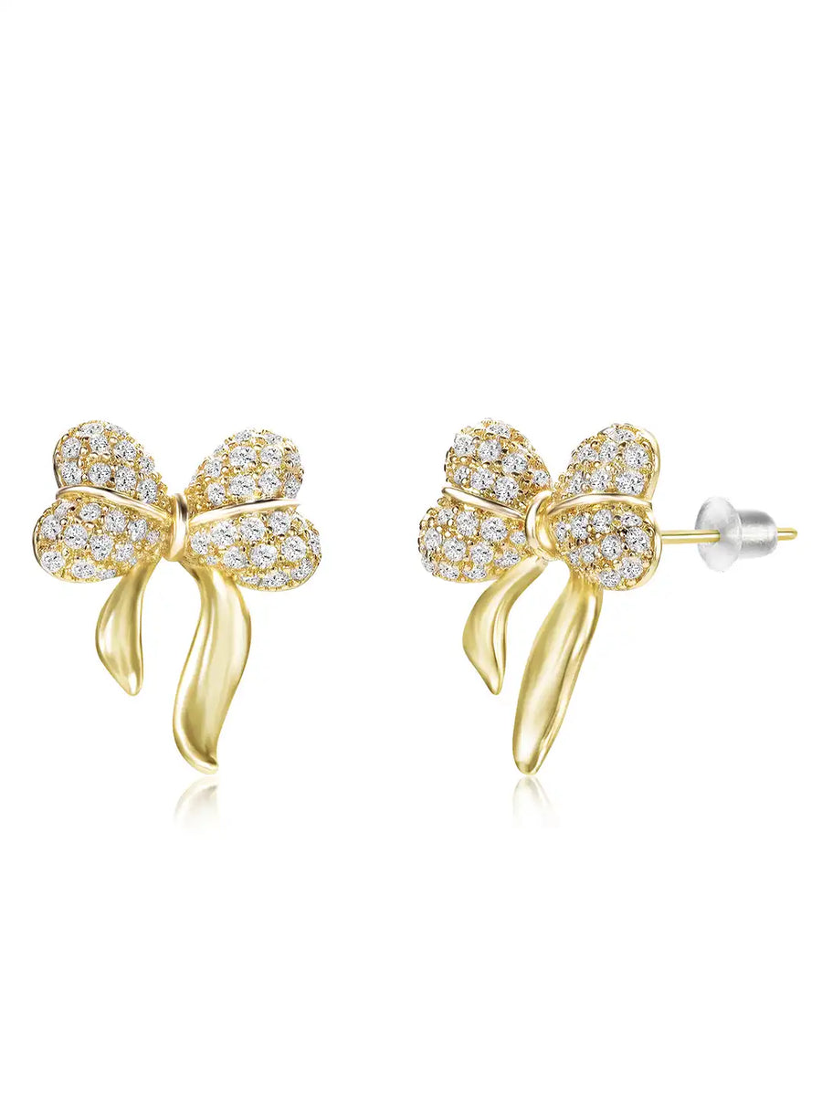 Chic Gold-Plated CZ Bow Stud Earrings