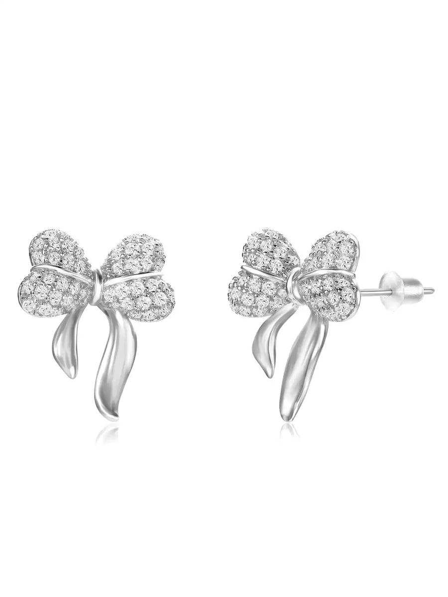 Chic Silver-Plated CZ Bow Stud Earrings
