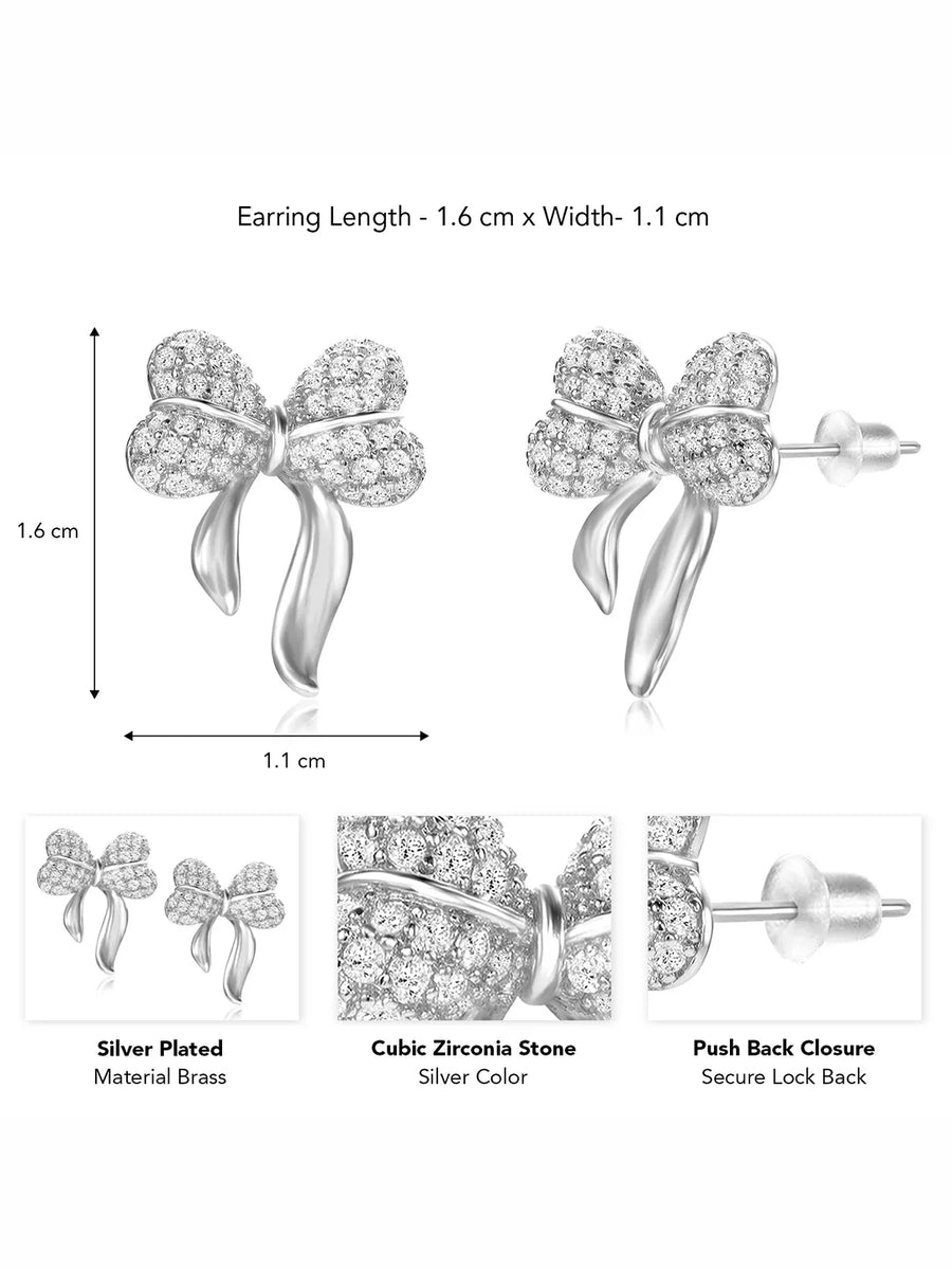 Chic Silver-Plated CZ Bow Stud Earrings