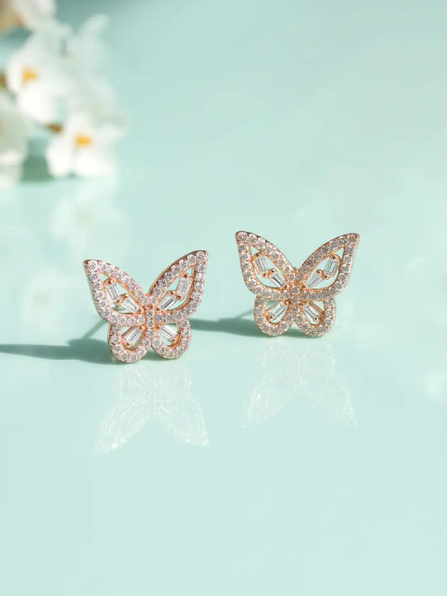 Glam Rose Gold CZ Butterfly Stud Earrings