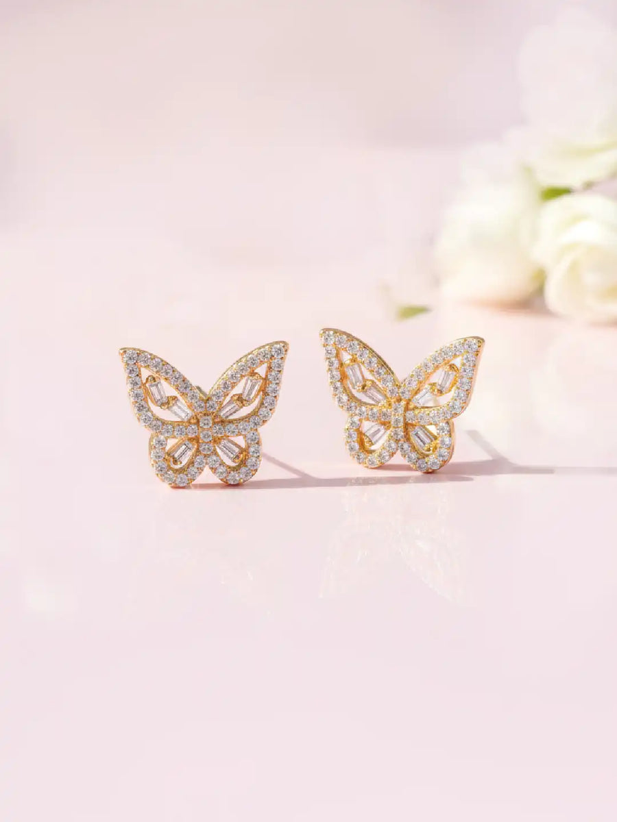 Glam Gold-Plated CZ Butterfly Stud Earrings