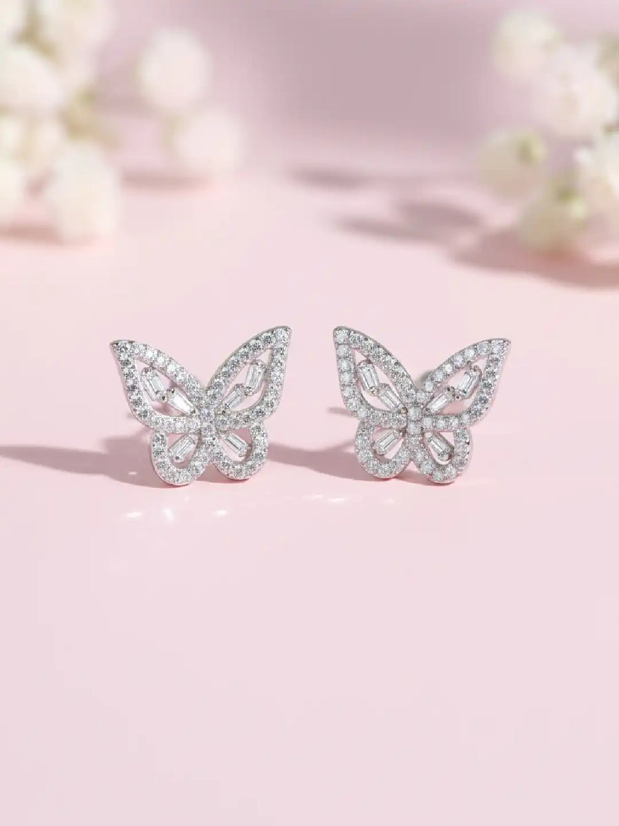 Glam Silver-Plated CZ Butterfly Stud Earrings