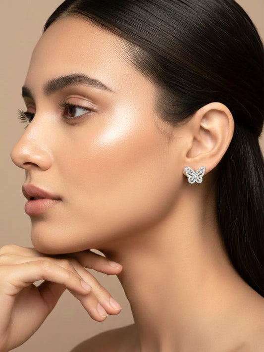 Glam Silver-Plated CZ Butterfly Stud Earrings