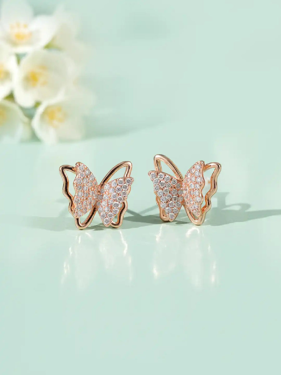 Radiant Rose Gold CZ Butterfly Stud Earrings