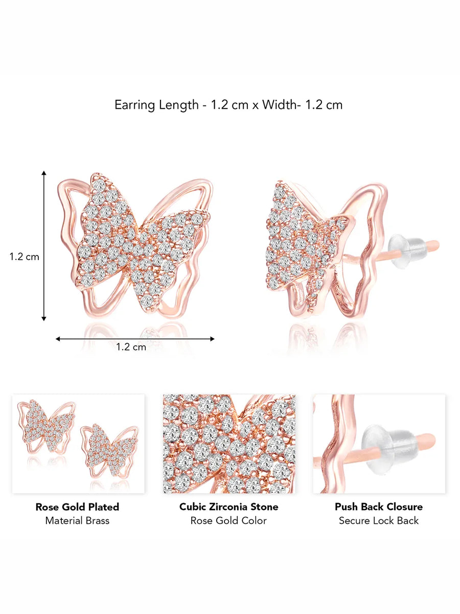 Radiant Rose Gold CZ Butterfly Stud Earrings