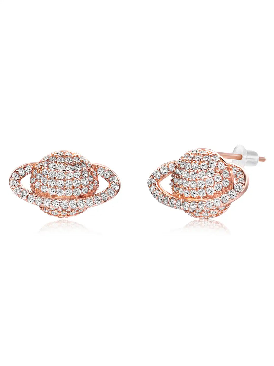 Sparkling Rose Gold CZ Planet Stud Earrings