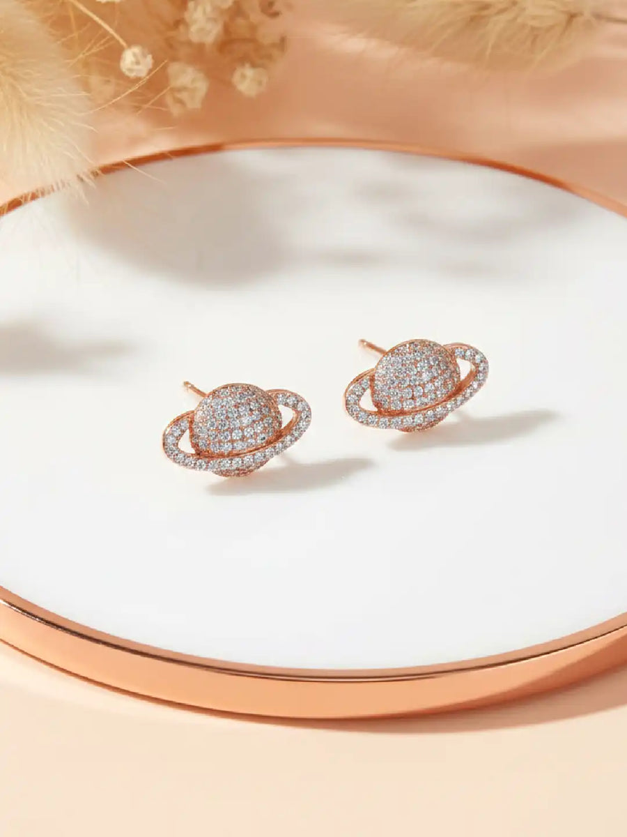 Sparkling Rose Gold CZ Planet Stud Earrings