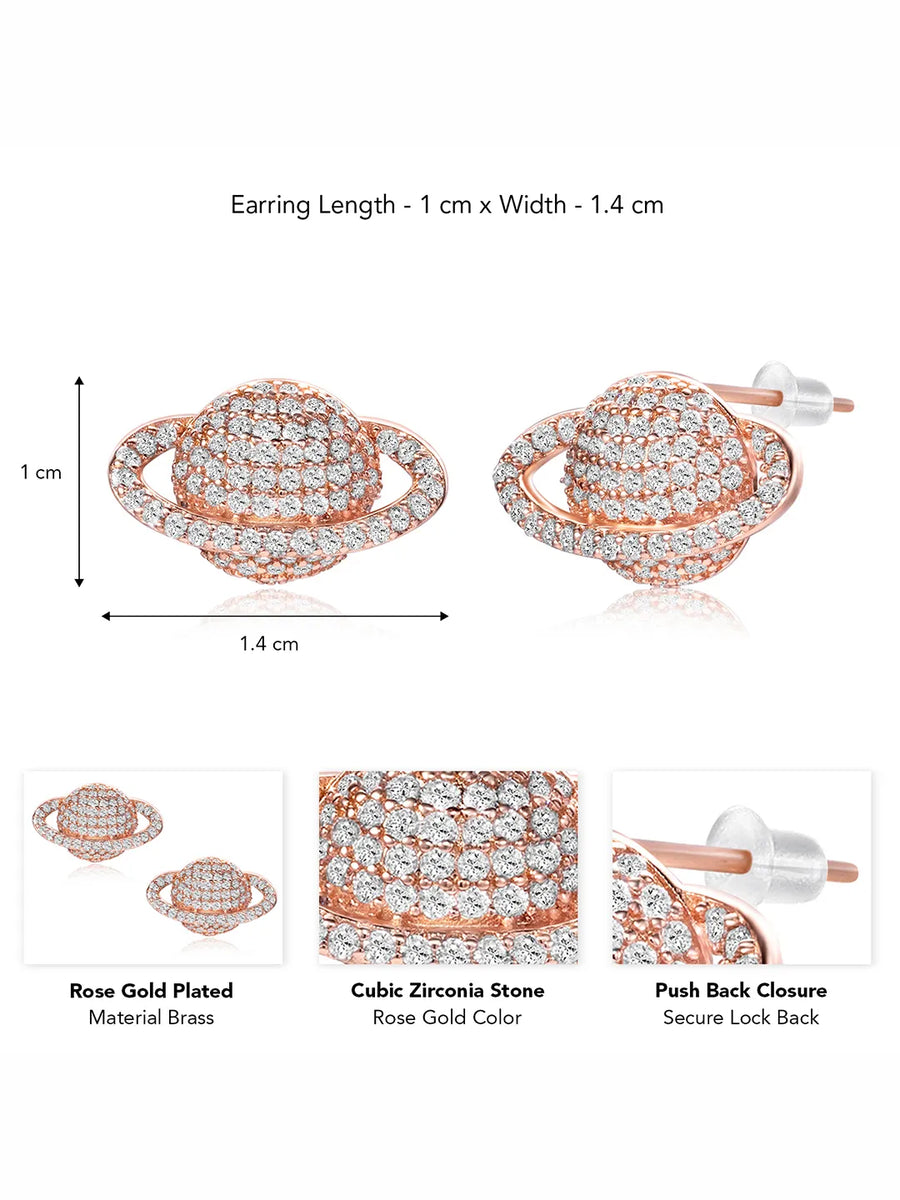 Sparkling Rose Gold CZ Planet Stud Earrings