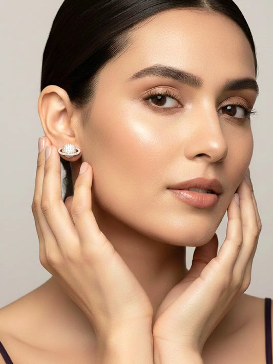 Sparkling Rose Gold CZ Planet Stud Earrings