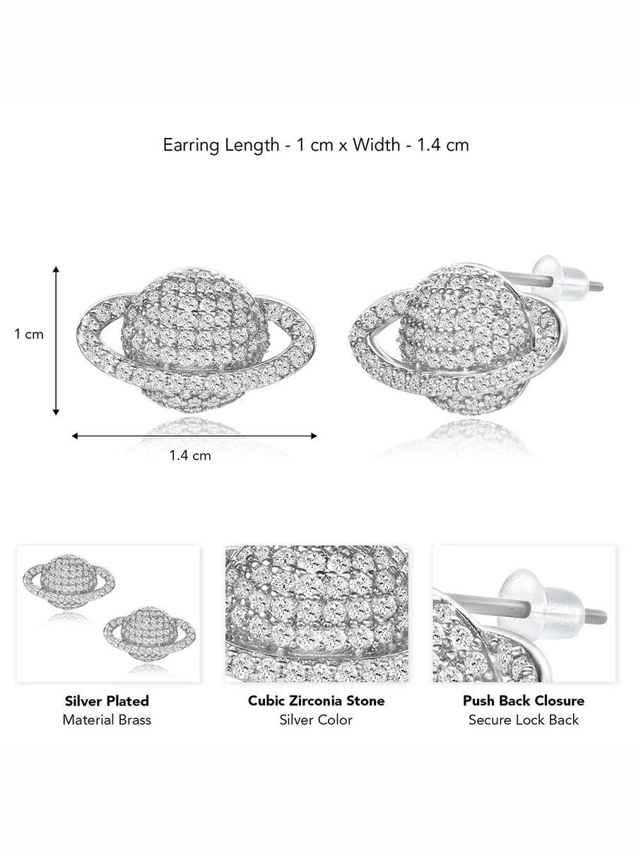Sparkling Silver CZ Planet Stud Earrings