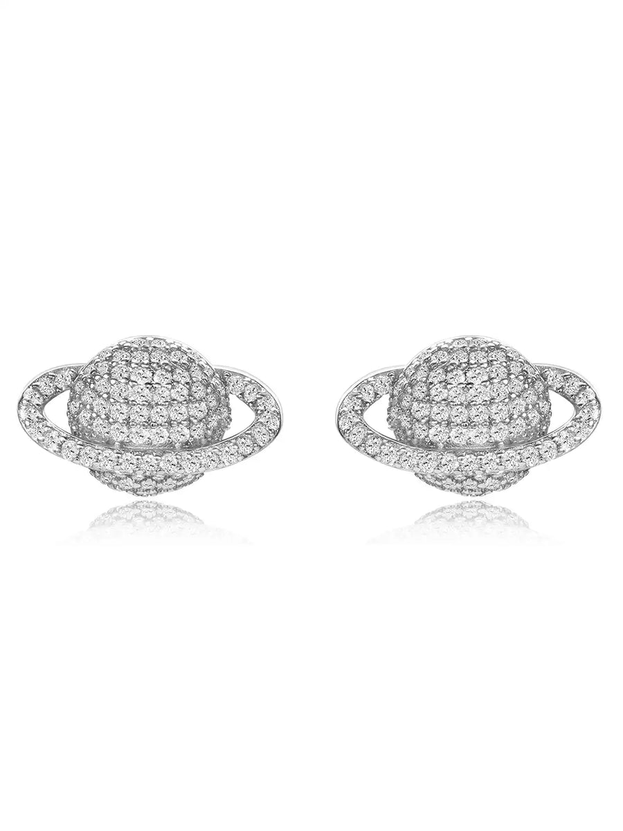 Sparkling Silver CZ Planet Stud Earrings
