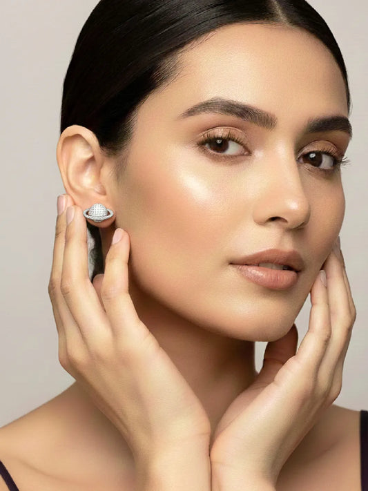 Sparkling Silver CZ Planet Stud Earrings
