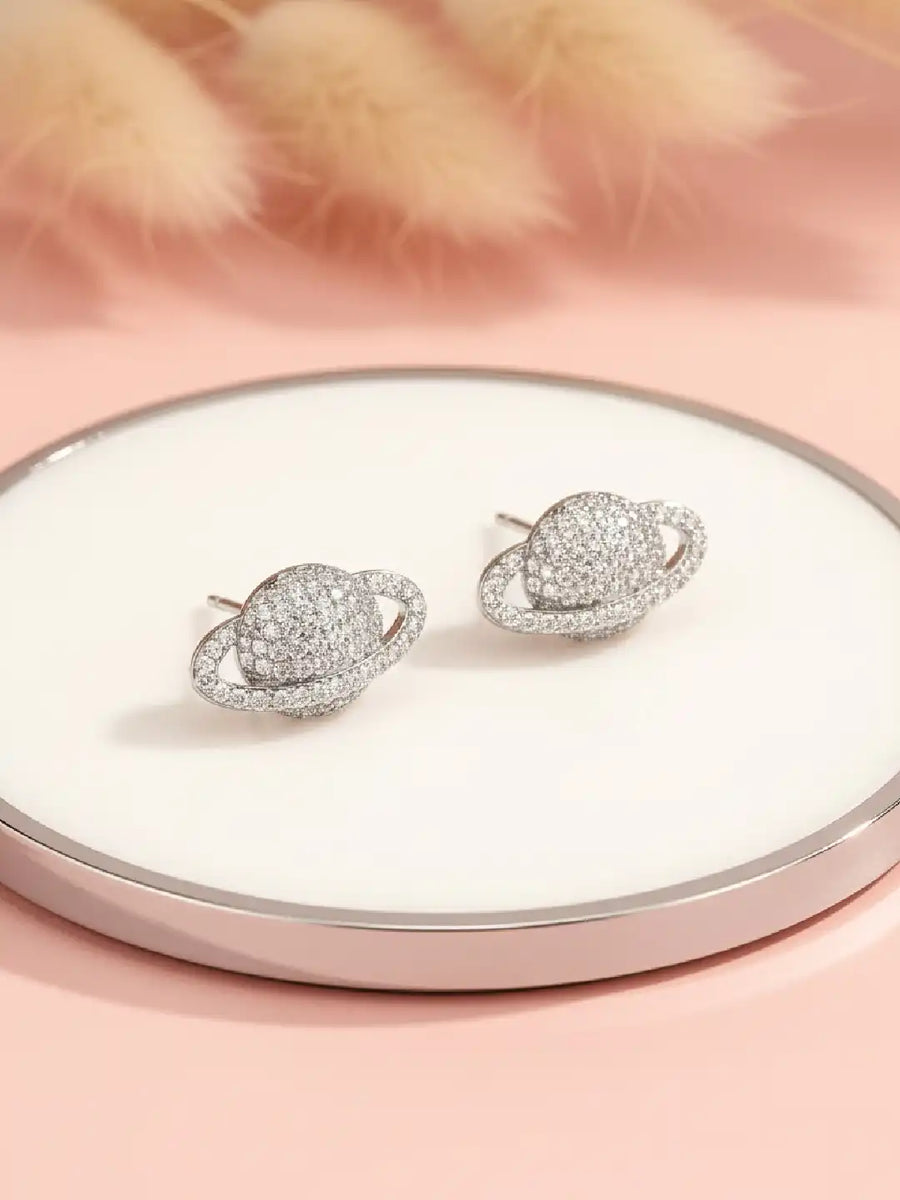 Sparkling Silver CZ Planet Stud Earrings
