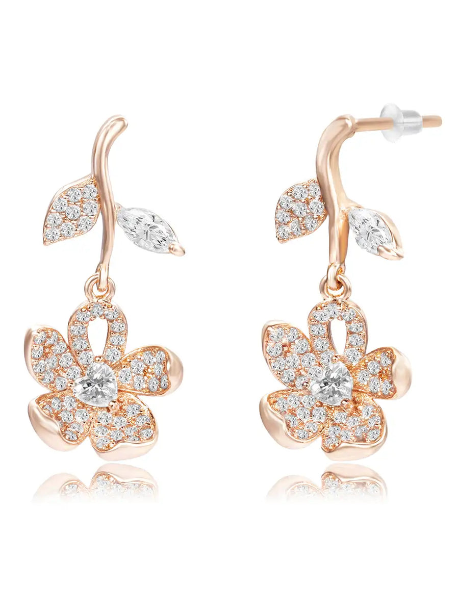 Elegant Rose Gold CZ Floral Drop Earrings