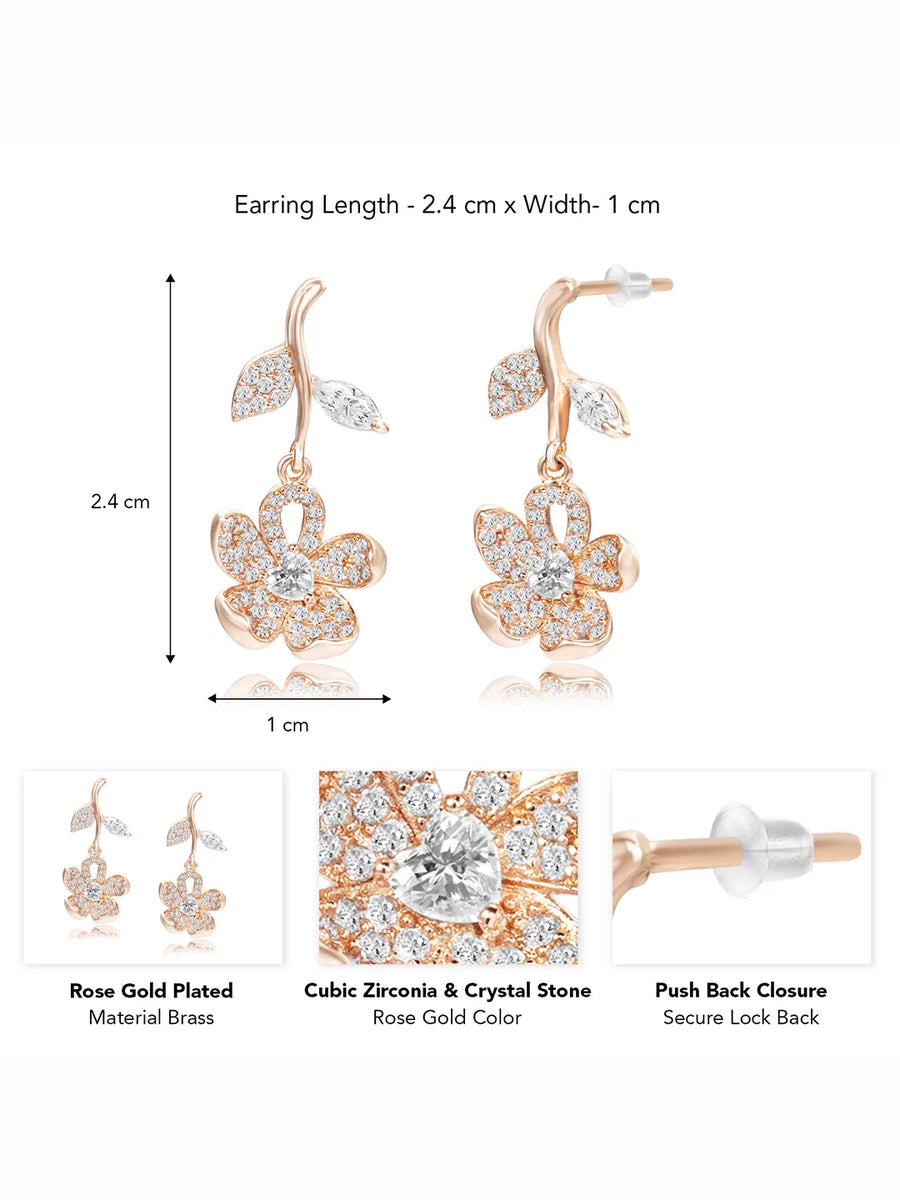 Elegant Rose Gold CZ Floral Drop Earrings