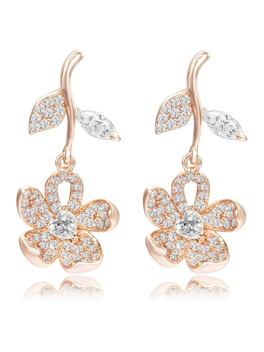 Elegant Rose Gold CZ Floral Drop Earrings
