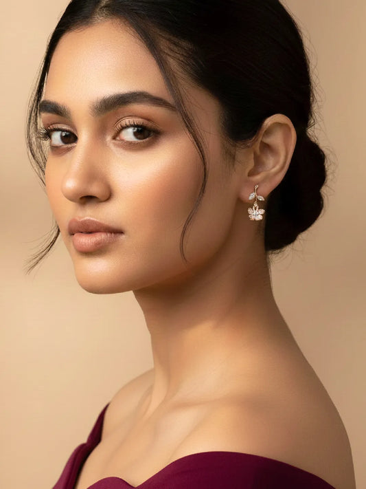 Elegant Rose Gold CZ Floral Drop Earrings