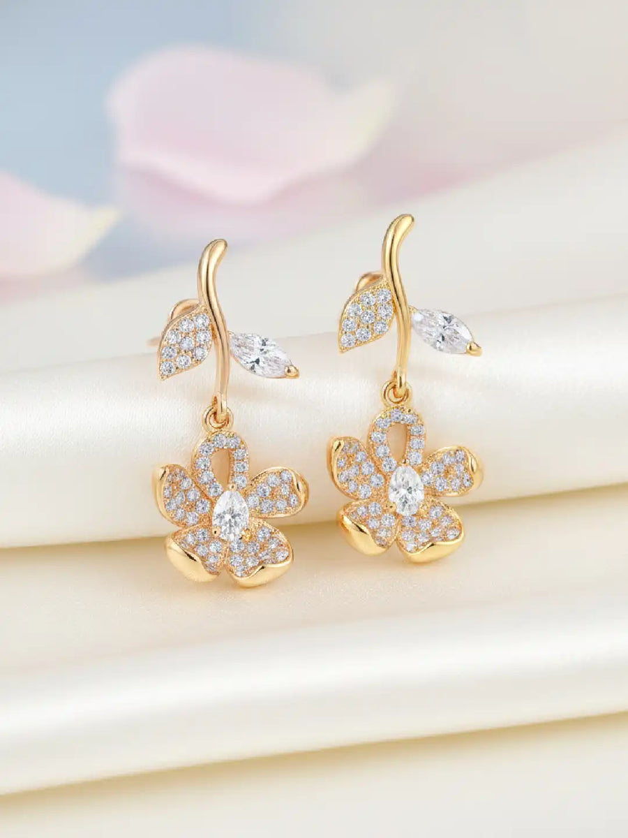 Elegant Gold-Plated CZ Floral Drop Earrings