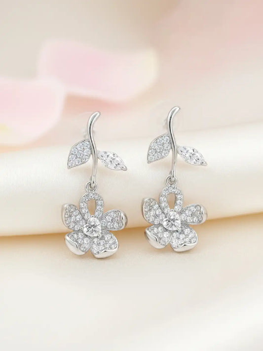 Elegant Silver CZ Floral Drop Earrings