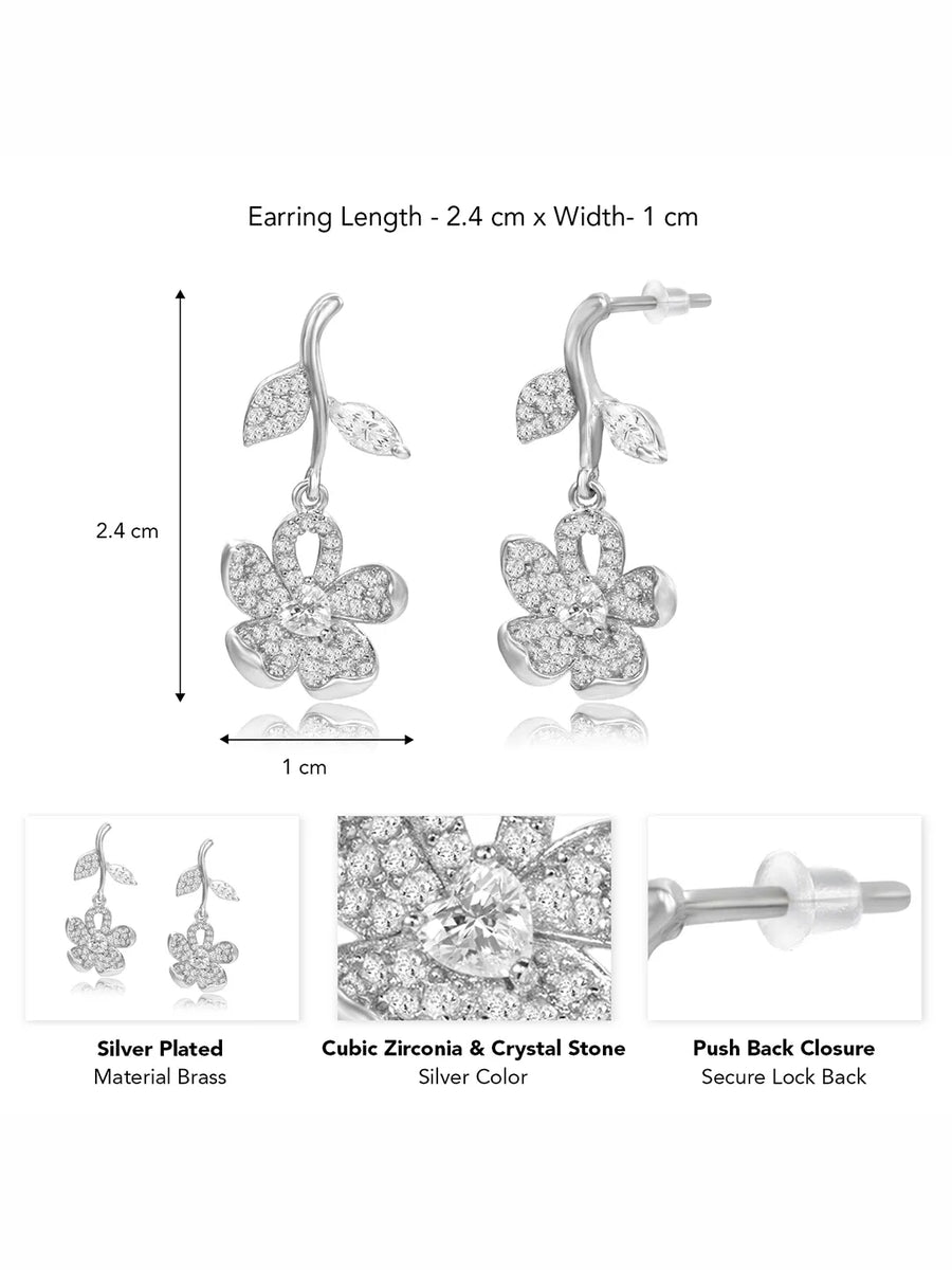 Elegant Silver CZ Floral Drop Earrings