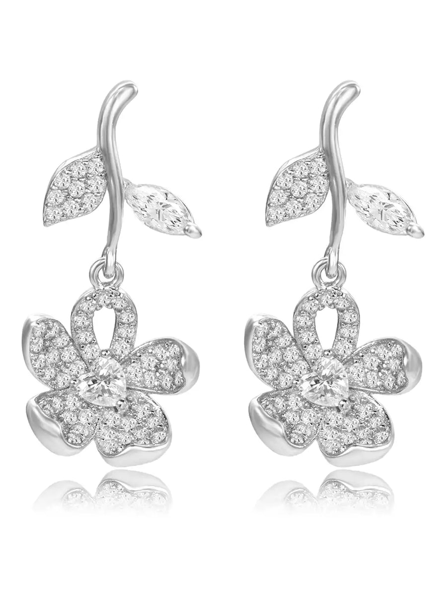 Elegant Silver CZ Floral Drop Earrings