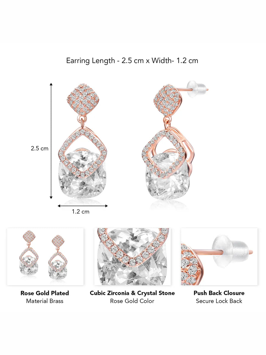 Stylish Rose Gold CZ Crystal Square Earrings