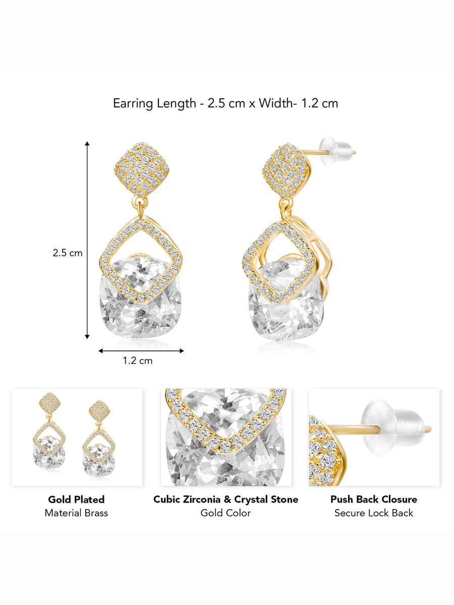 Stylish Gold-Plated CZ Crystal Square Earrings