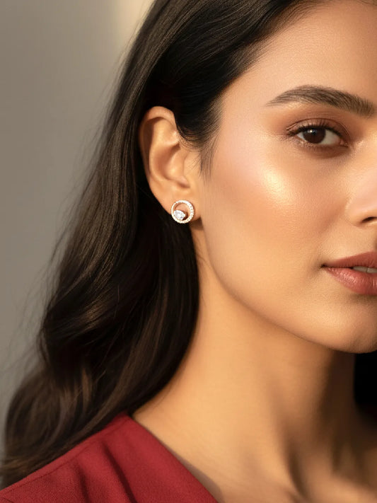 Graceful Rose Gold CZ Crescent Circle Studs