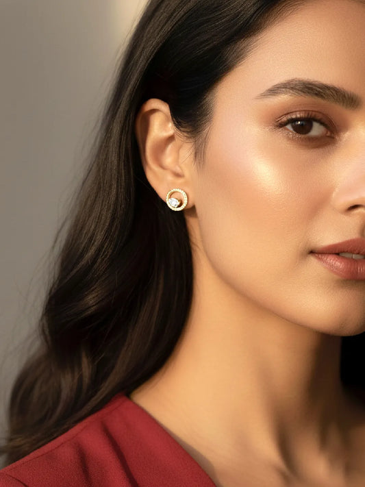 Graceful Gold CZ Crescent Circle Studs