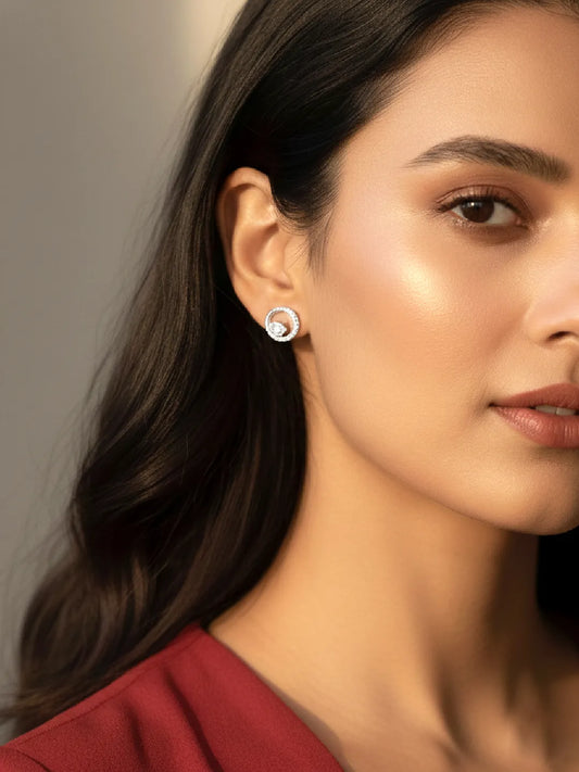 Graceful Silver CZ Crescent Circle Studs