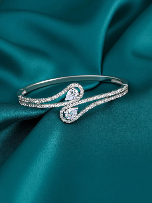 Graceful Silver-Plated CZ Teardrop Open Kada