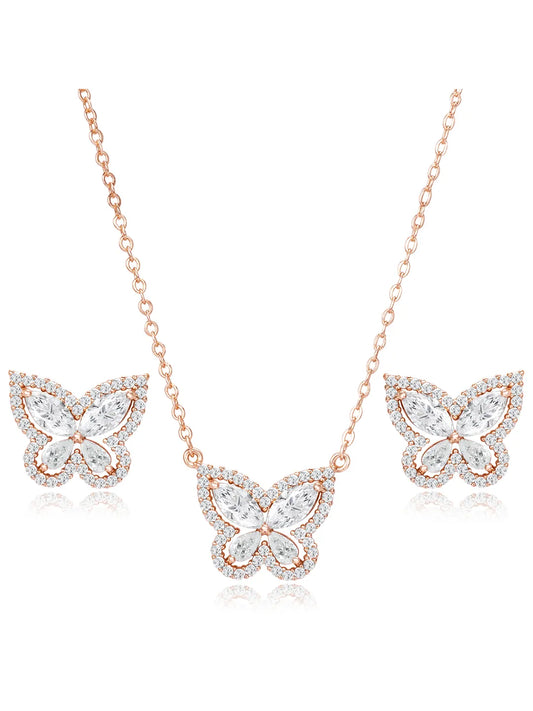 Graceful Rose Gold CZ Butterfly Pendant Set