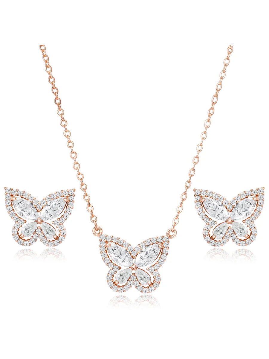 Graceful Rose Gold CZ Butterfly Pendant Set