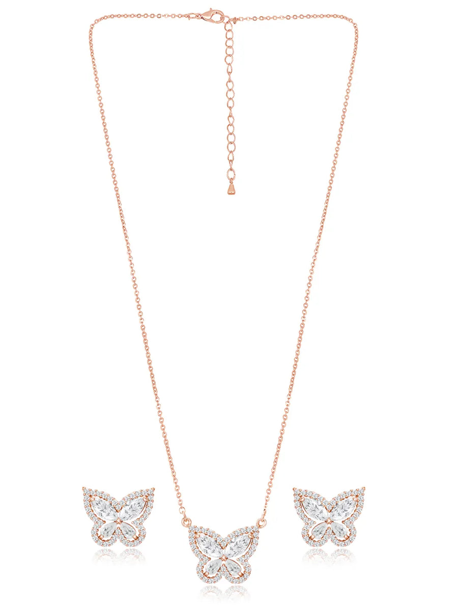 Graceful Rose Gold CZ Butterfly Pendant Set