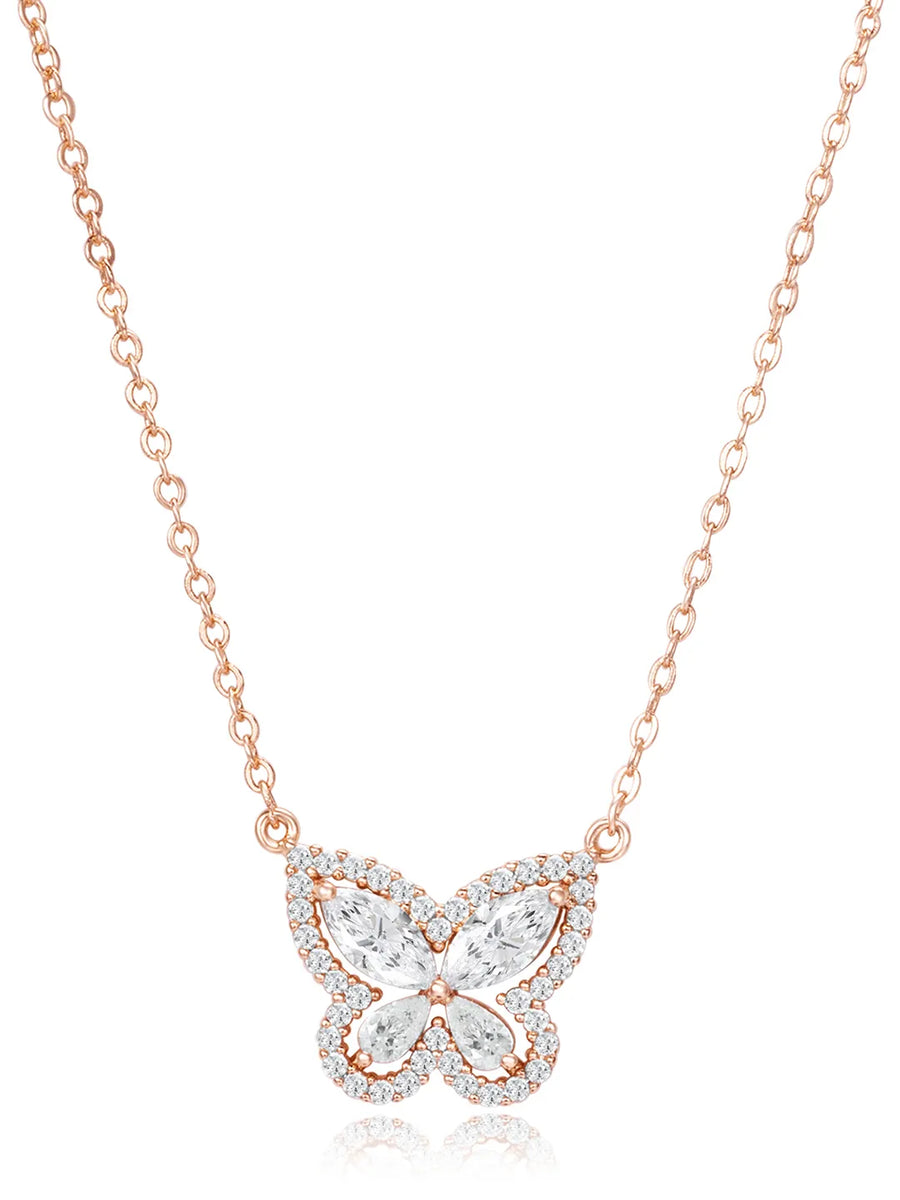 Graceful Rose Gold CZ Butterfly Pendant Set