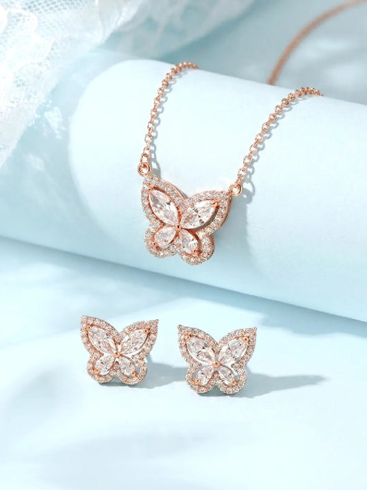 Graceful Rose Gold CZ Butterfly Pendant Set