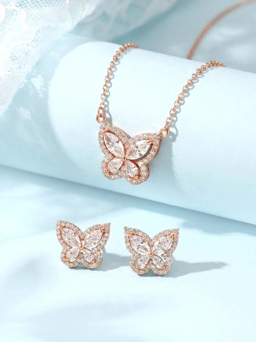 Graceful Rose Gold CZ Butterfly Pendant Set