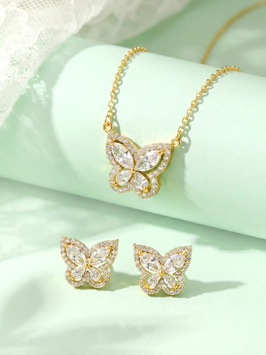 Graceful Gold-Plated CZ Butterfly Pendant Set