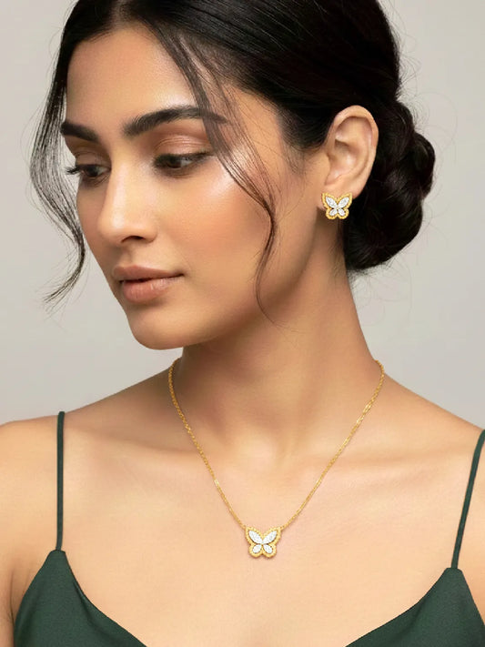 Graceful Gold-Plated CZ Butterfly Pendant Set