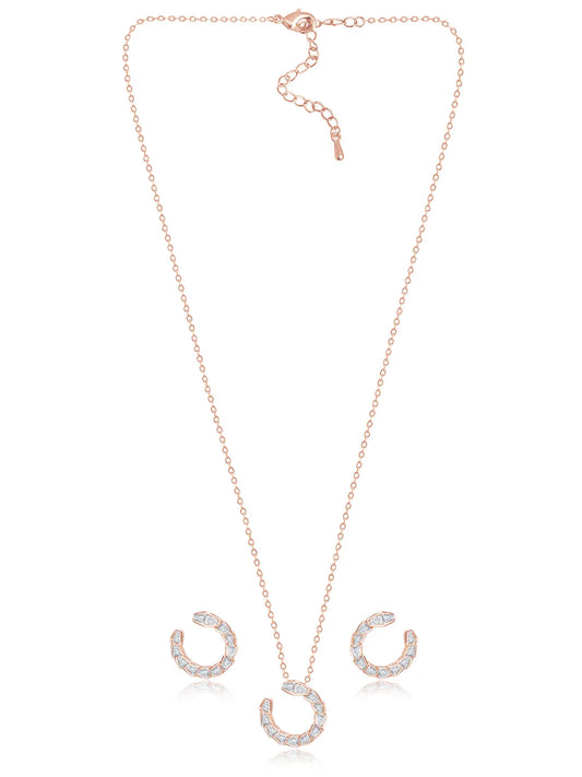 Chic Rose Gold Baguette Circle Pendant Set