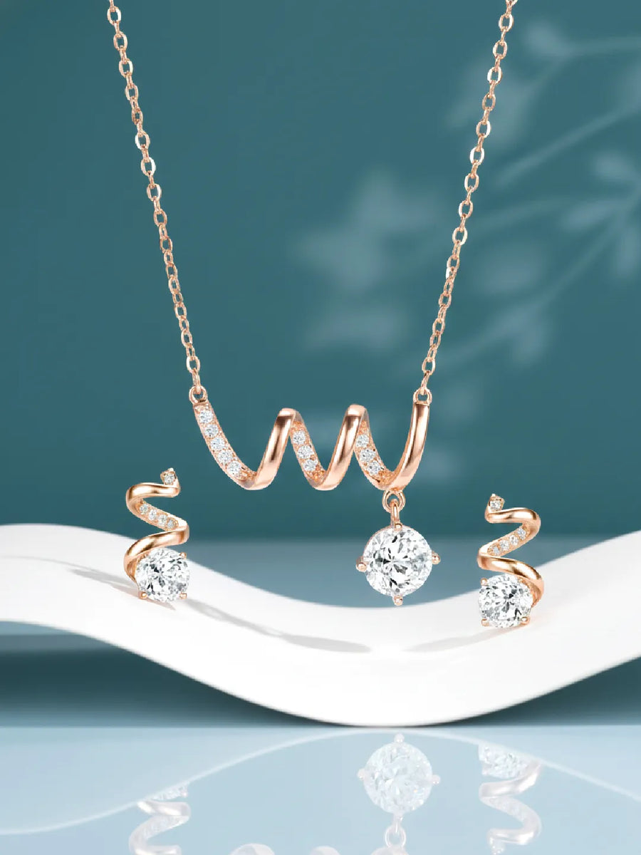 Glam Rose Gold CZ Crystal Curve Pendant Set