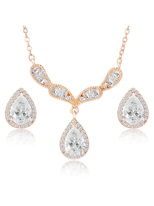 Alluring Rose Gold CZ Teardrop Pendant Set