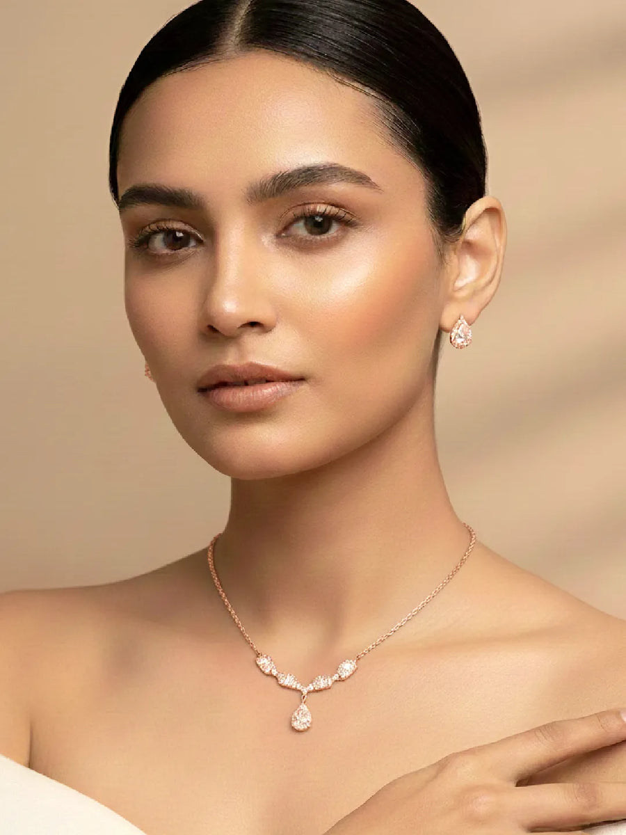 Alluring Rose Gold CZ Teardrop Pendant Set