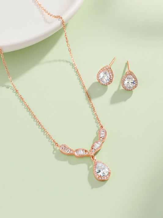 Alluring Rose Gold CZ Teardrop Pendant Set