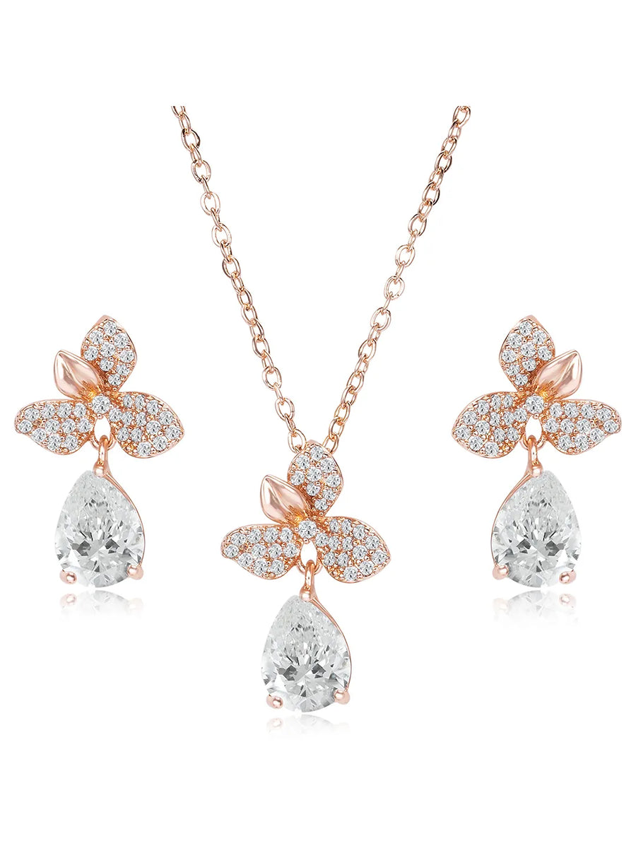 Blooming Rose Gold CZ Floral Pendant Set