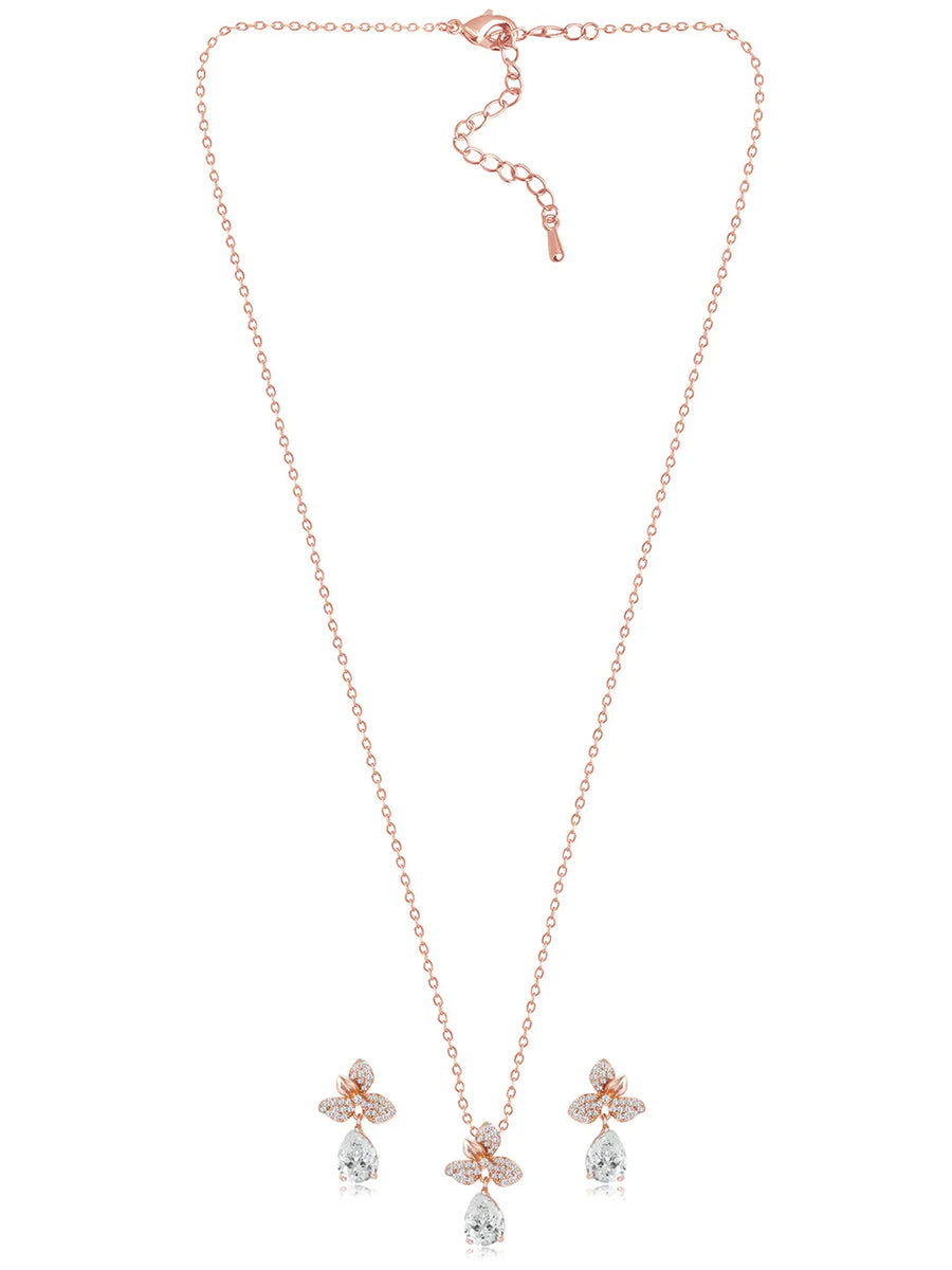 Blooming Rose Gold CZ Floral Pendant Set