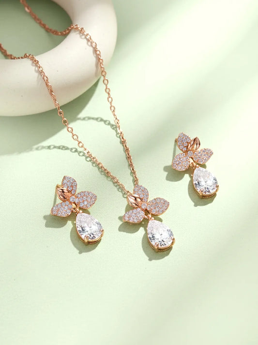 Blooming Rose Gold CZ Floral Pendant Set