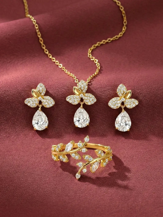 Floral Diamond Drop Gold Pendant Set with Ring